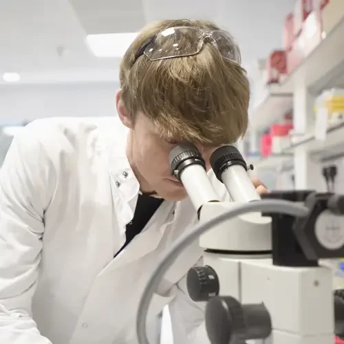 Accelerator Scientist looking into telescope